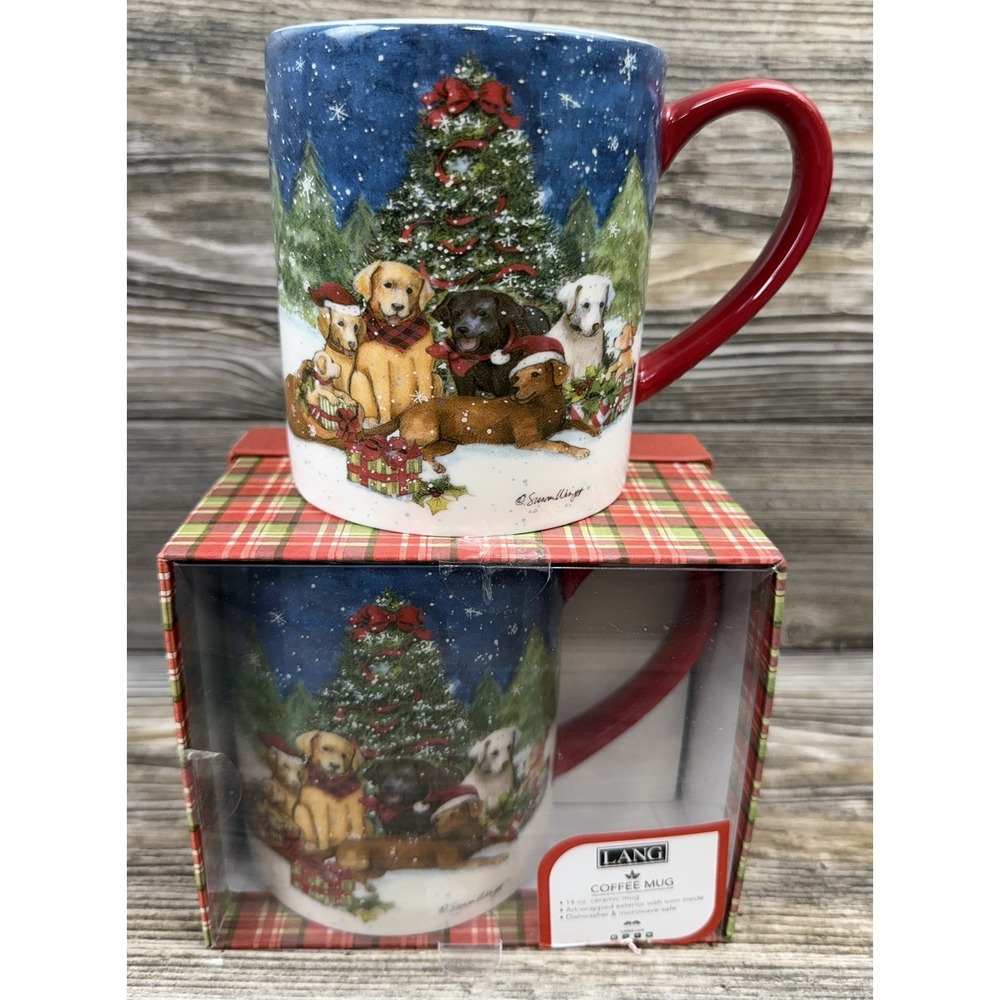 Lot Of 2 Lang 14 0z Coffee Mugs Christmas Gifts "Holidogs" Dogs In Front Of Tree